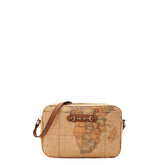 Borsa Geo Classic con stampa mappa e dettagli in pelle color cuoio.