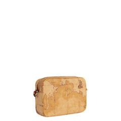 Borsa Geo Classic con stampa mappa e dettagli in pelle color cuoio.