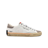 Sneakers Crime London Distressed bianco in pelle con suede grigio chiaro e dettagli arancione fluo