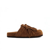 Ciabatta Miss Olivia Iris F1 in camoscio cuoio con frange.