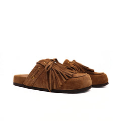Ciabatta Miss Olivia Iris F1 in camoscio cuoio con frange.