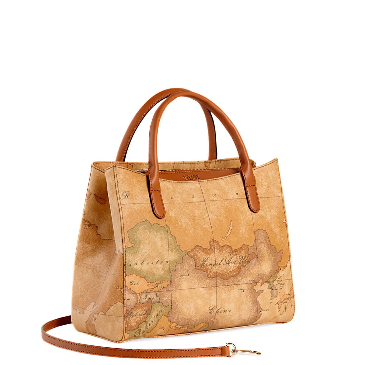 Borsa a mano Geo Classic con dettagli in pelle color cuoio.