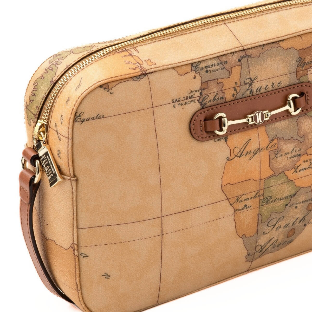Borsa Geo Classic con stampa mappa e dettagli in pelle color cuoio.