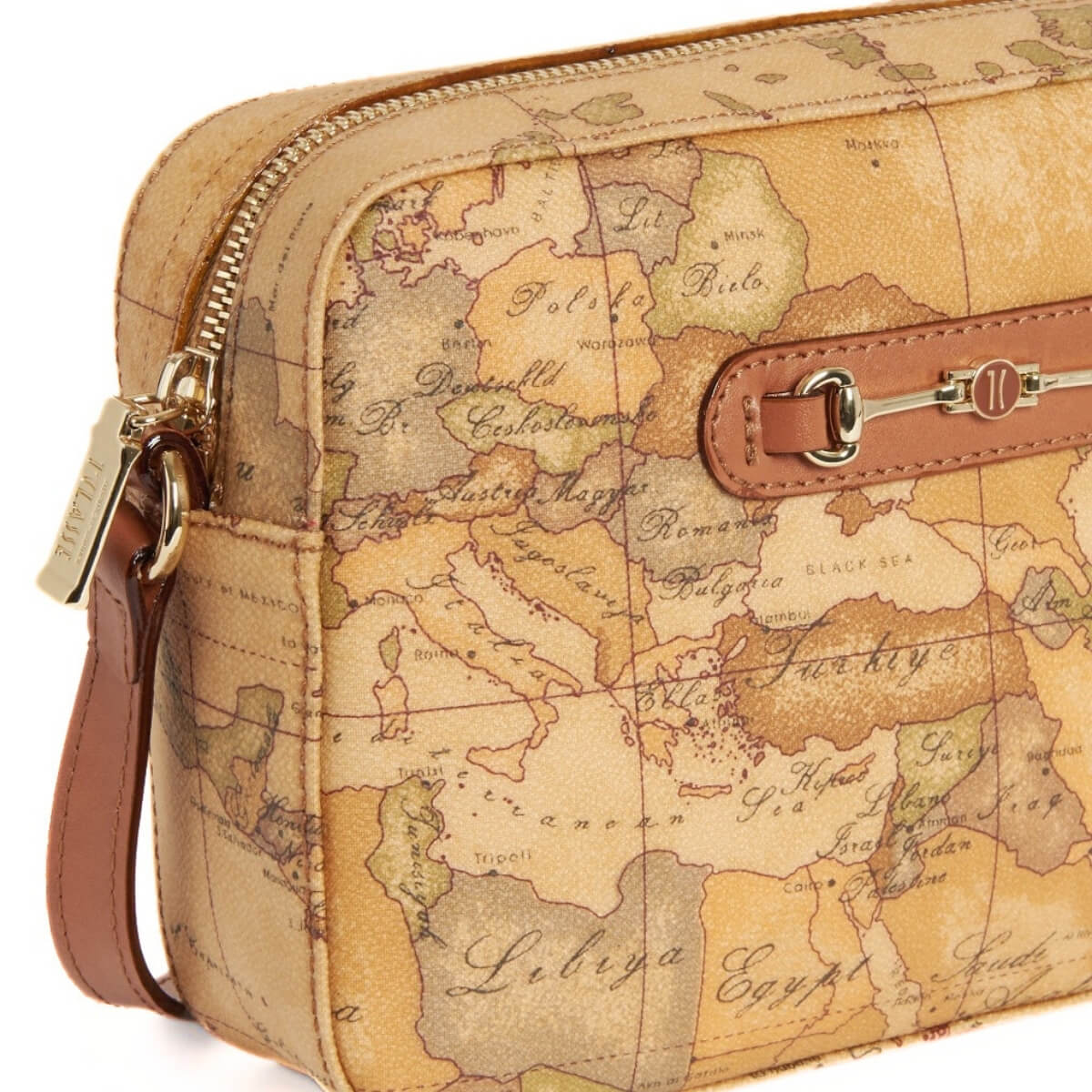 Borsa Geo Classic con stampa mappa e dettagli in pelle color cuoio.