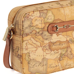 Borsa Geo Classic con stampa mappa e dettagli in pelle color cuoio.