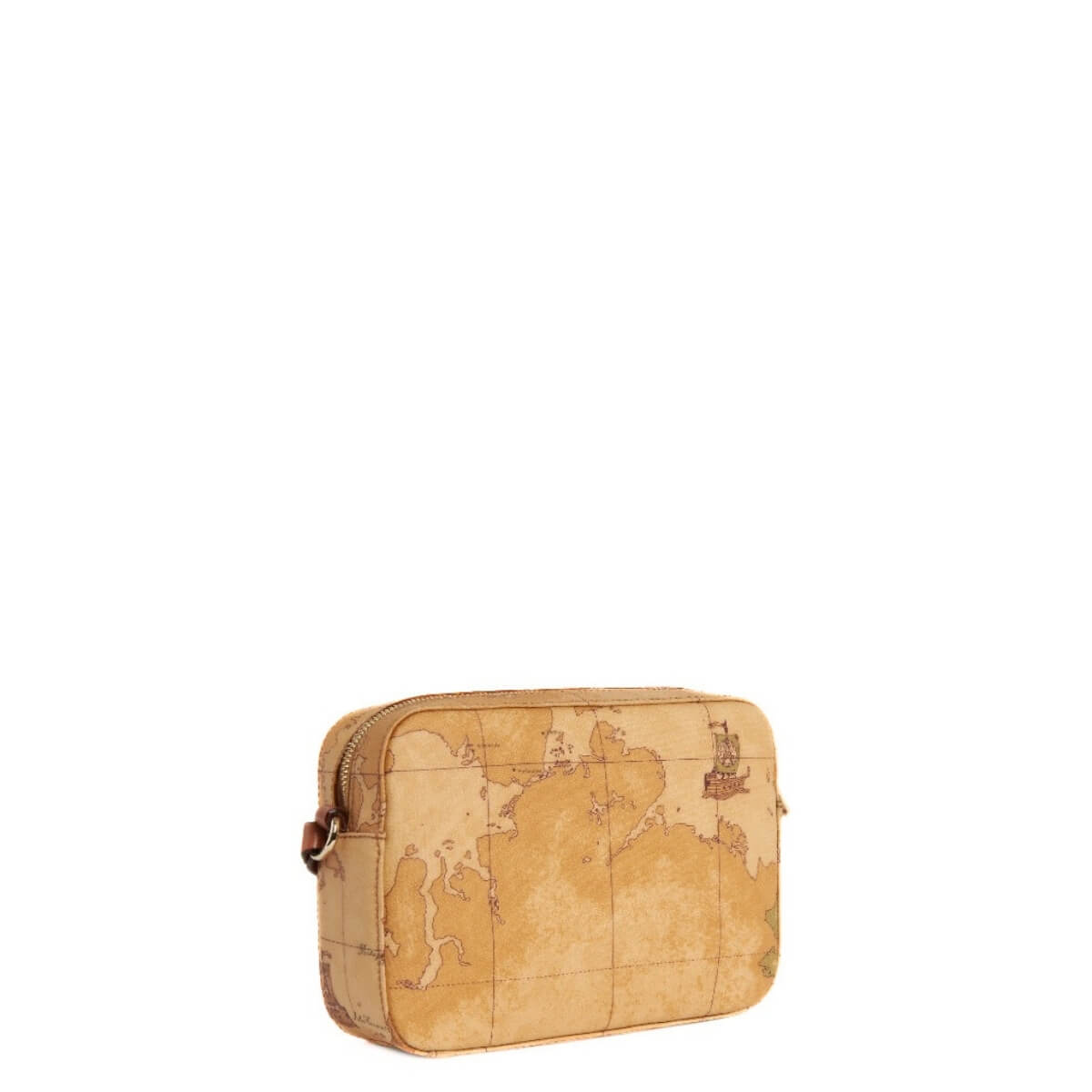 Borsa Geo Classic con stampa mappa e dettagli in pelle color cuoio.