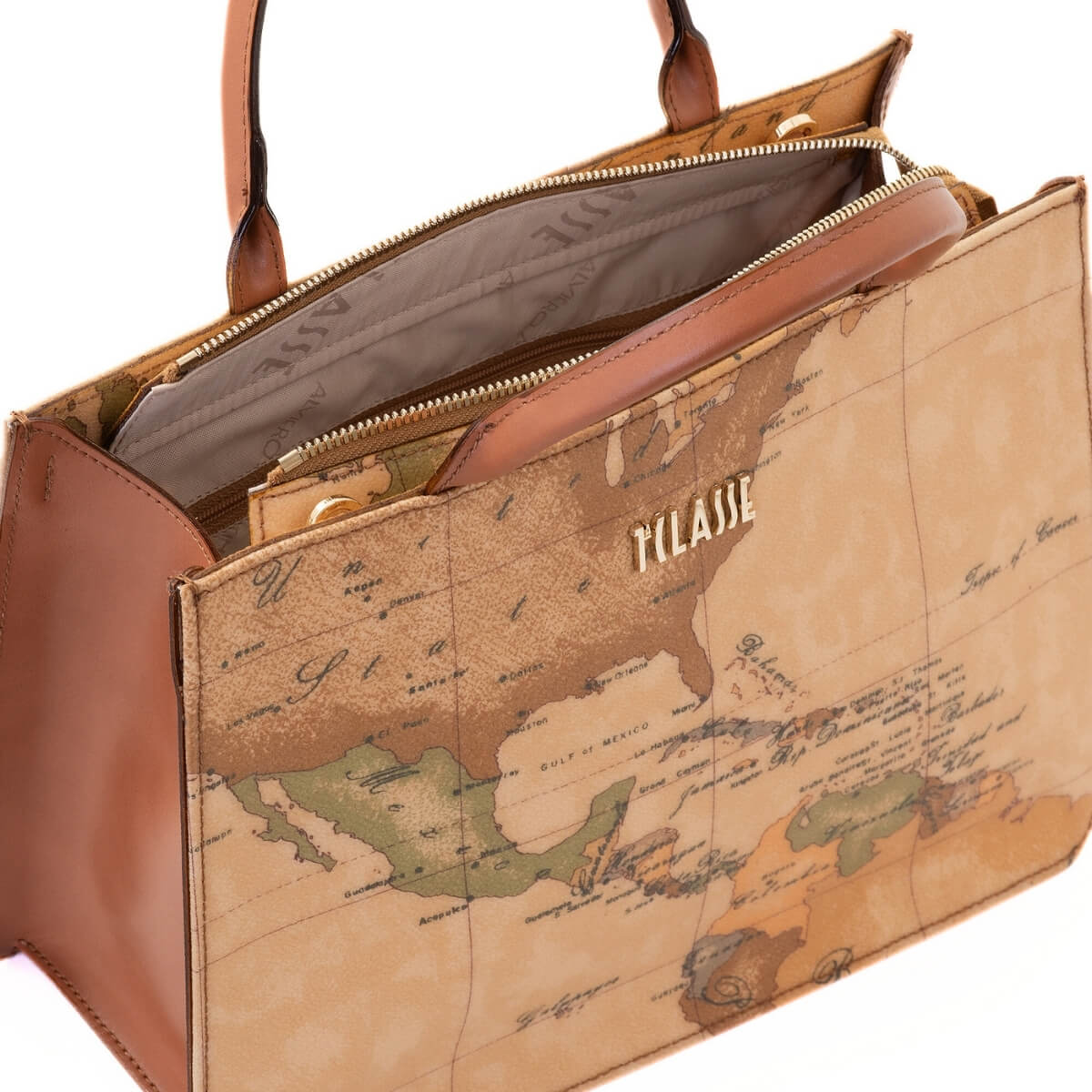 Borsa Geo Classic Alviero Martini con dettagli in pelle color cuoio.