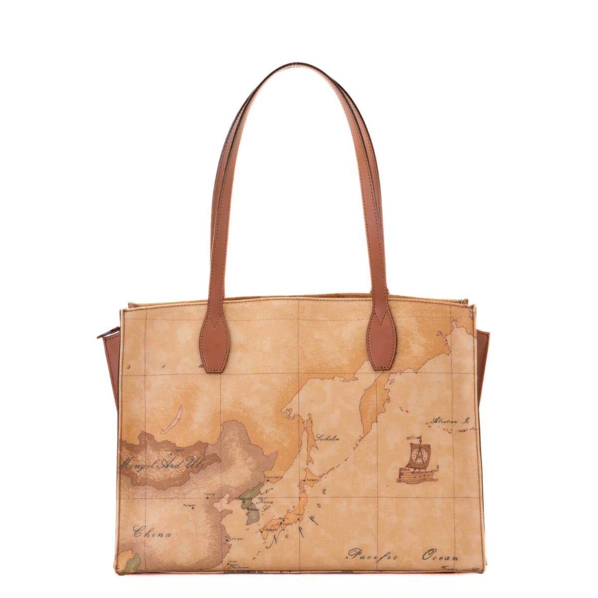 Shopping bag Geo Classic con dettagli in pelle color cuoio.