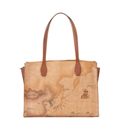 Shopping bag Geo Classic con dettagli in pelle color cuoio.