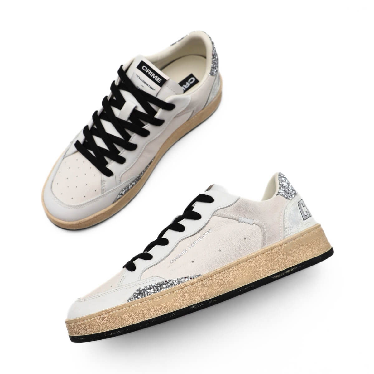 Sneaker Crime London Chelsea 21203 bianca con glitter argento e dettagli in suede