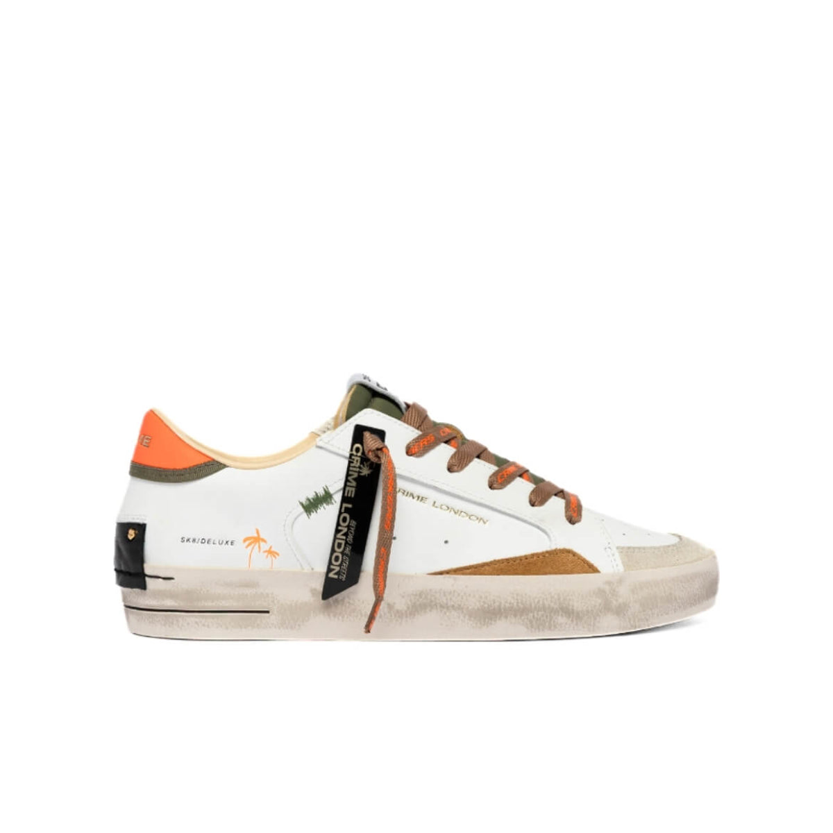 Sneakers Crime London Sk8 Deluxe bianco in pelle con dettagli verde e arancione fluo