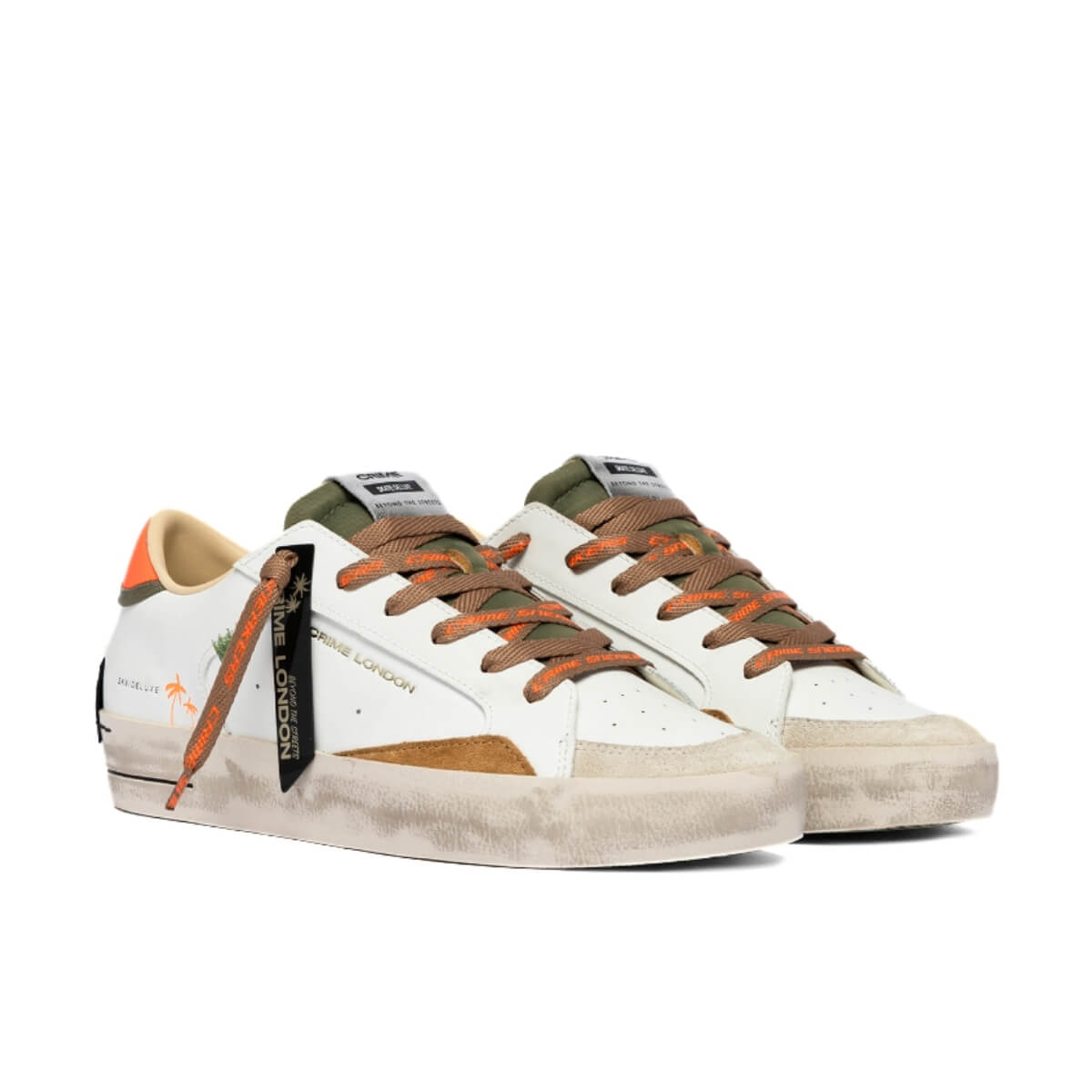 Sneakers Crime London Sk8 Deluxe bianco in pelle con dettagli verde e arancione fluo