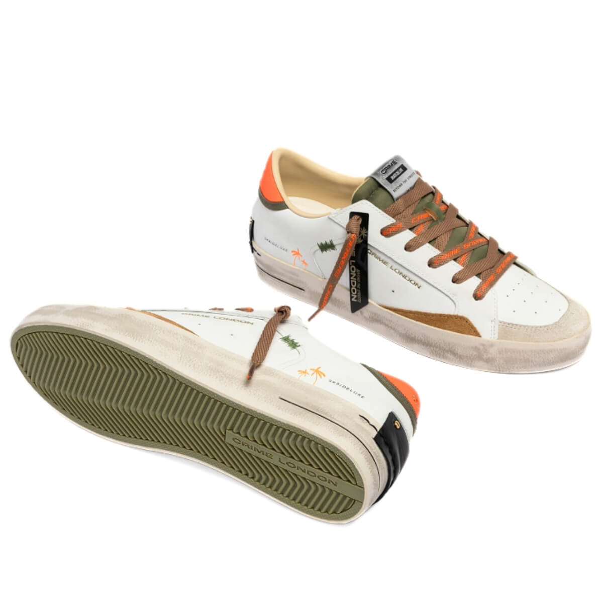 Sneakers Crime London Sk8 Deluxe bianco in pelle con fondo verde