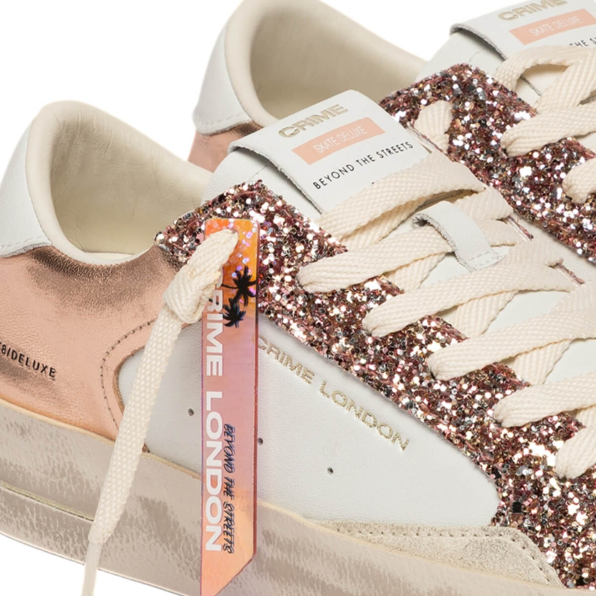 Dettaglio Sneaker Crime London SK8 Deluxe rosa glitter in pelle 