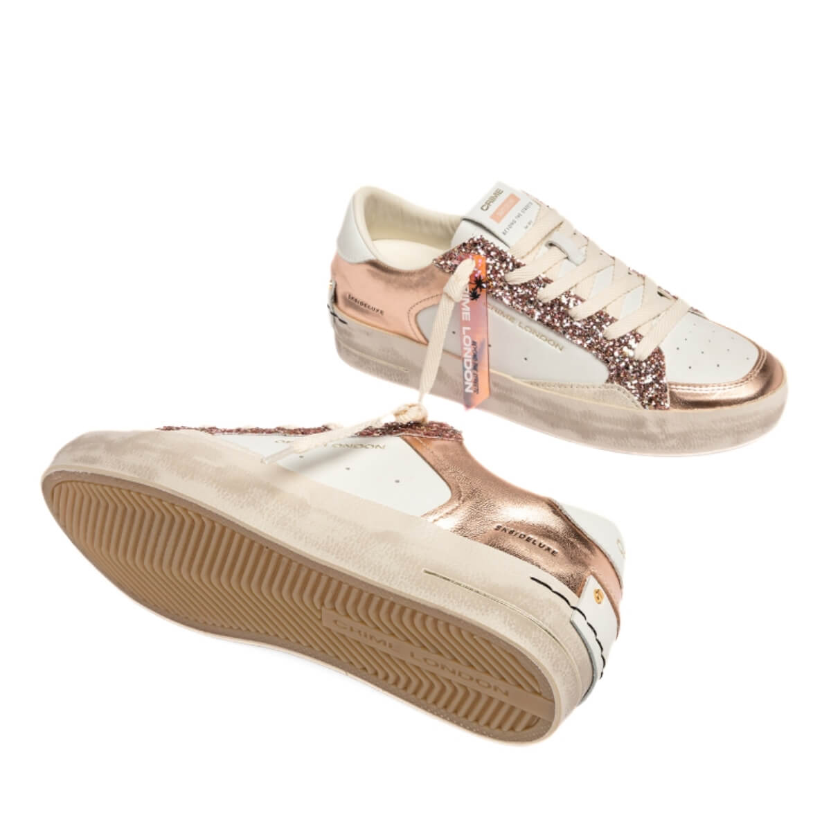 Sneaker Crime London SK8 Deluxe rosa glitter in pelle con fondo miele 
