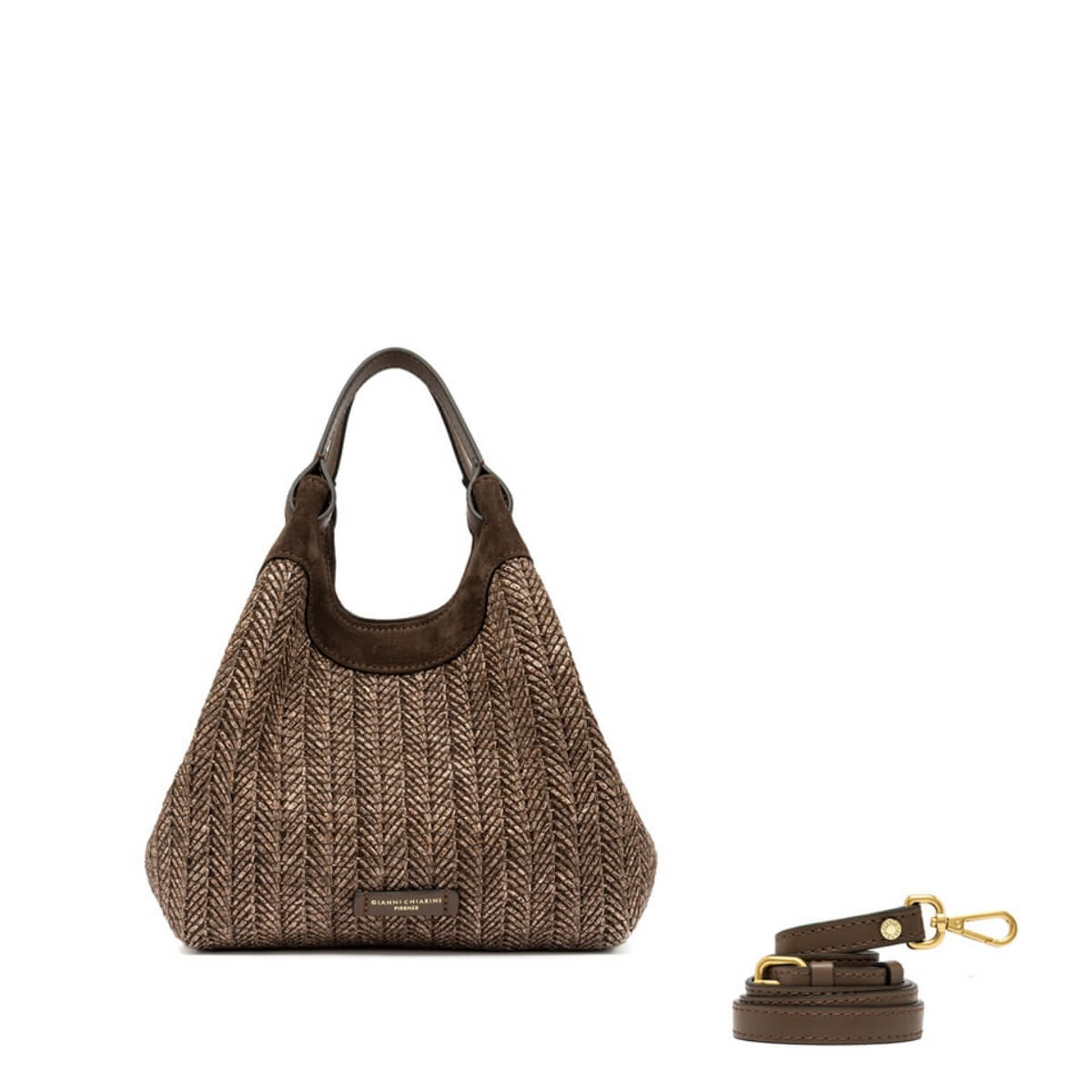 Borsa Gianni Chiarini Dua in paglia intrecciata colore choco con manici in pelle e tracolla
