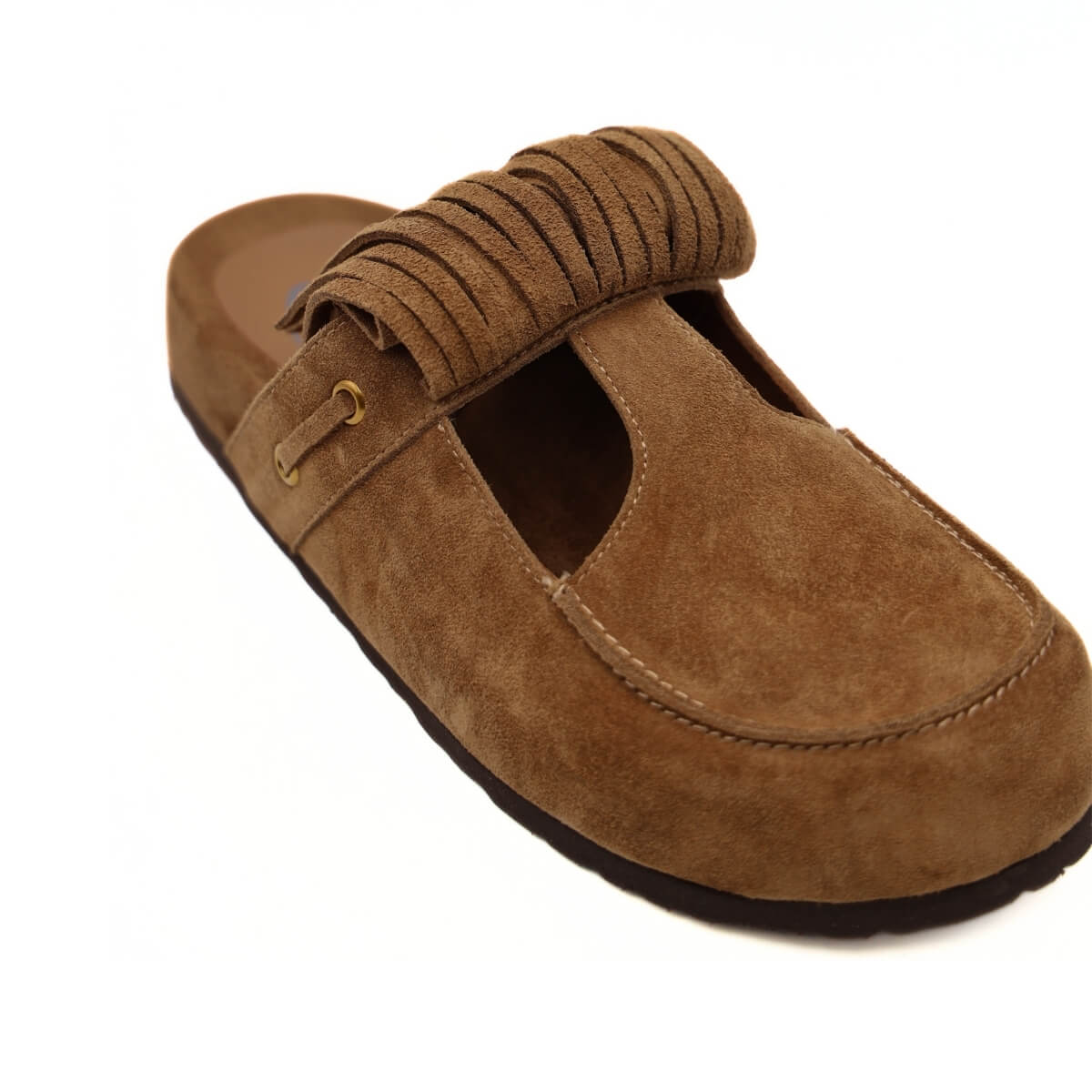 Ciabatta Miss Olivia Iris F1 in camoscio cuoio con frange.