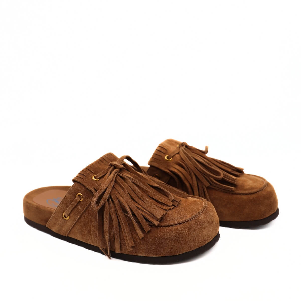 Ciabatta Miss Olivia Iris F1 in camoscio cuoio con frange.