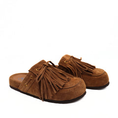 Ciabatta Miss Olivia Iris F1 in camoscio cuoio con frange.