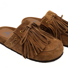 Ciabatta Miss Olivia Iris F1 in camoscio cuoio con frange.