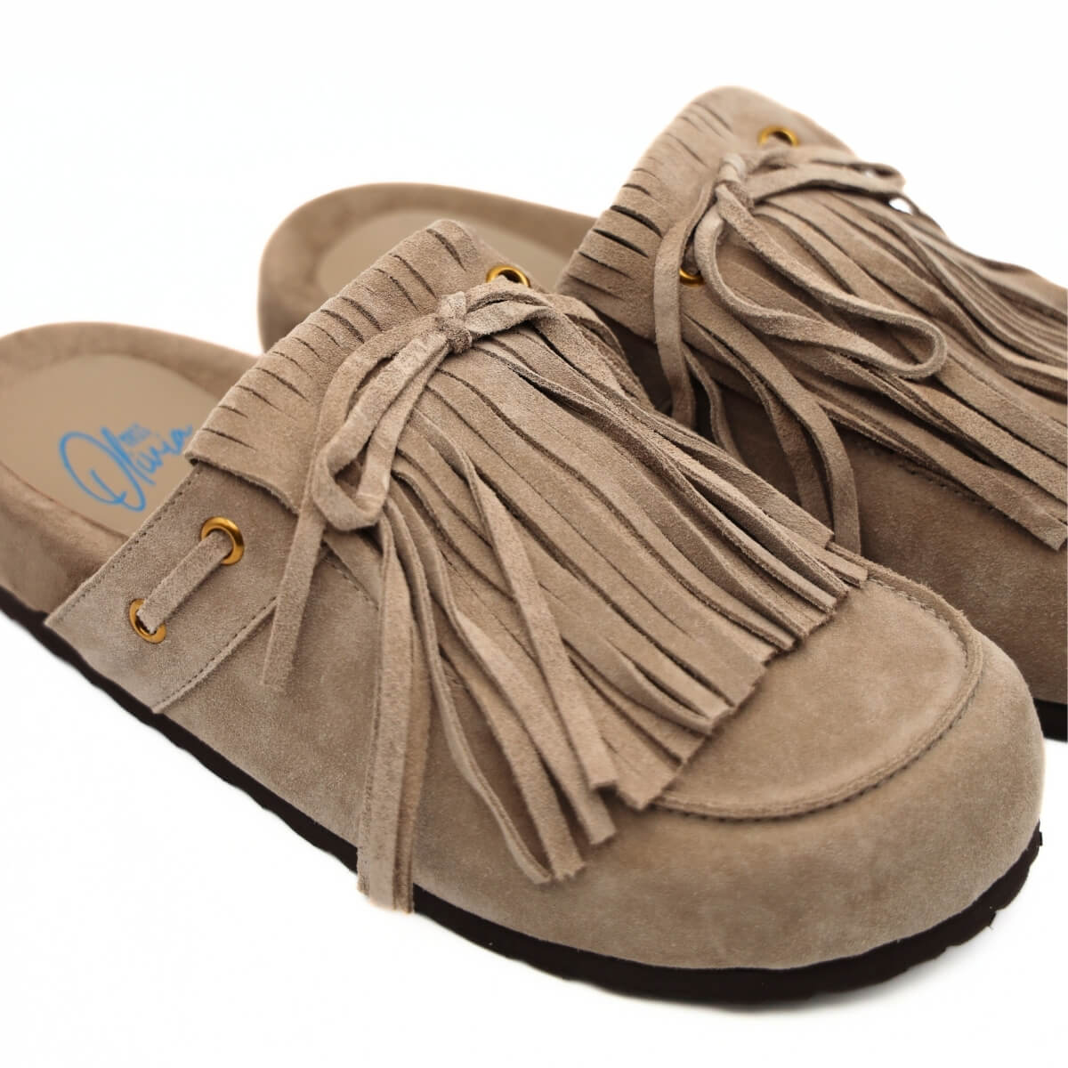 Ciabatta Miss Olivia Iris F2in camoscio tortora con frange.