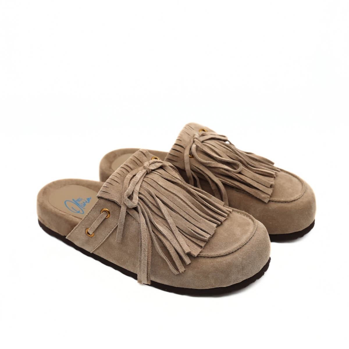 Ciabatta Miss Olivia Iris F2in camoscio tortora con frange.