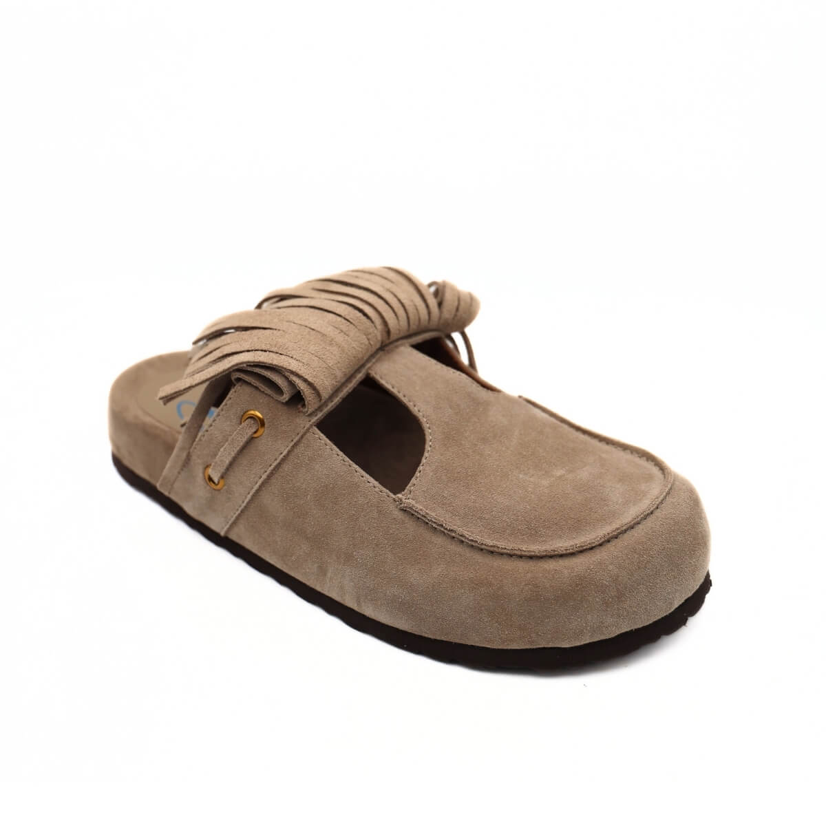 Ciabatta Miss Olivia Iris F2in camoscio tortora con frange.