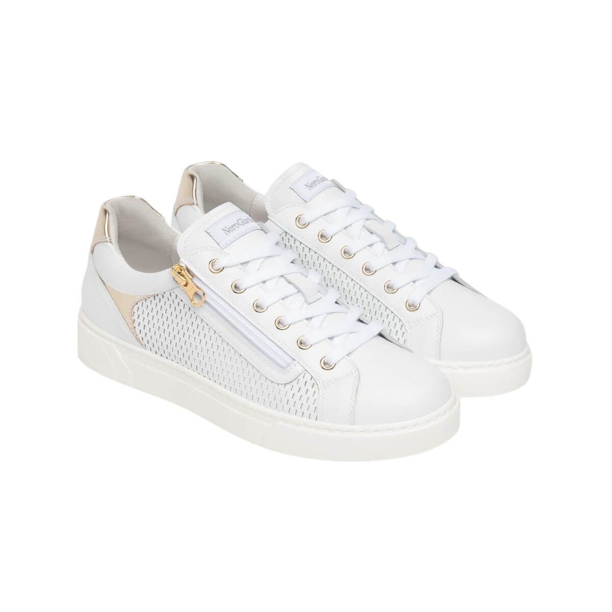 Sneakers bianco puro Nero Giardini in pelle con zip laterale.