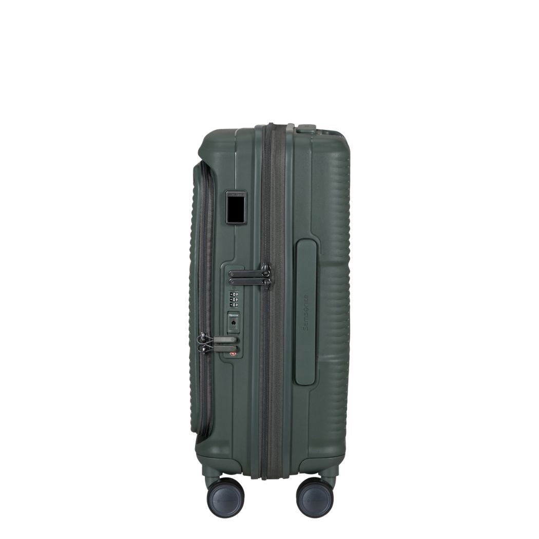 Trolley rigido Samsonite Paralux Stone Gray vista laterale
Dettaglio del guscio rigido riciclato Samsonite Paralux olive