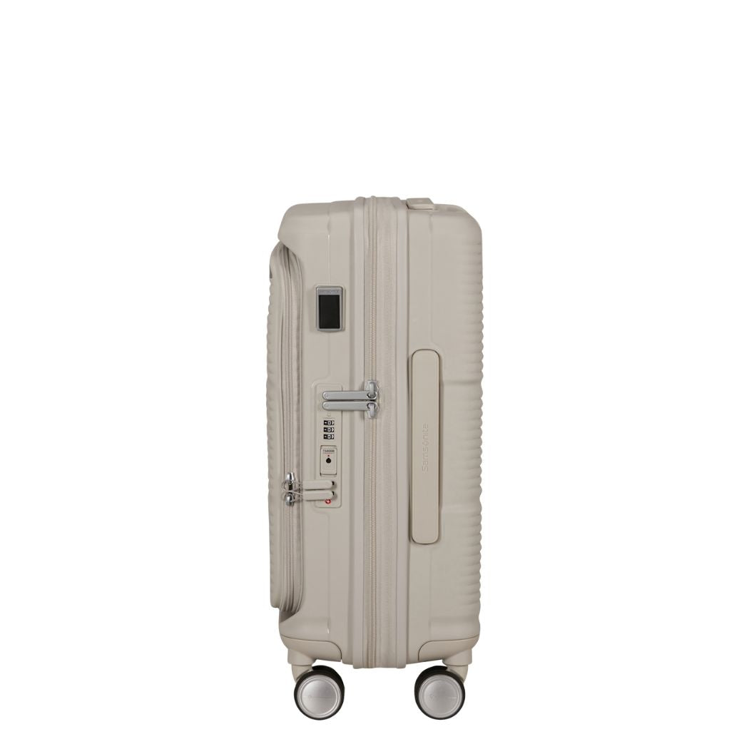 Trolley rigido Samsonite Paralux Stone Gray vista laterale
Dettaglio del guscio rigido riciclato Samsonite Paralux Stone Grey