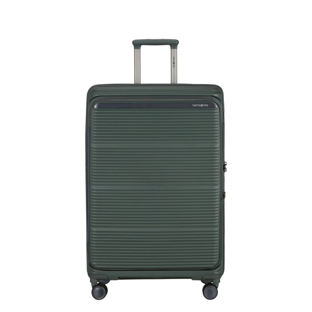 aligia grande Samsonite Paralux Olive vista frontale
Dettaglio guscio rigido e pannello frontale valigia Samsonite Paralux Olive
