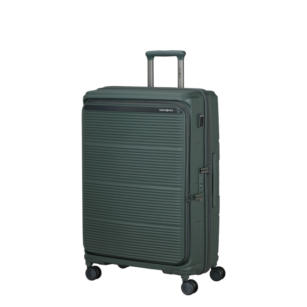aligia grande Samsonite Paralux Olive vista frontale
Dettaglio guscio rigido e pannello frontale valigia Samsonite Paralux Olive