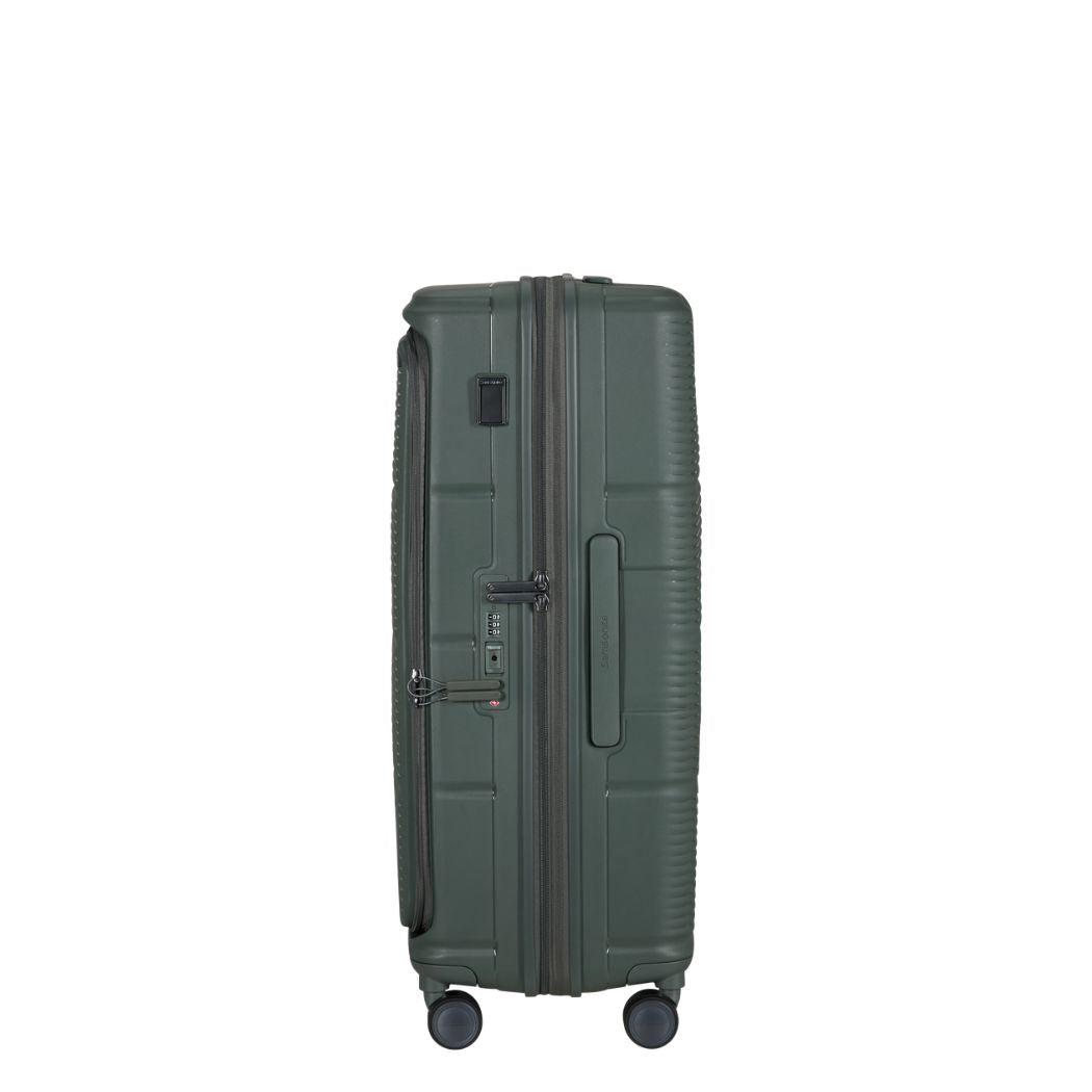 aligia grande Samsonite Paralux Olive vista laterale
Dettaglio guscio rigido e pannello frontale valigia Samsonite Paralux Olive